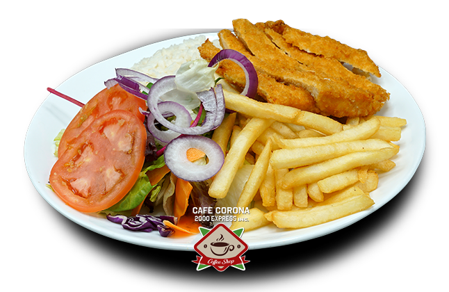 Breaded Chicken cutlet: Rice, French fries and salad
