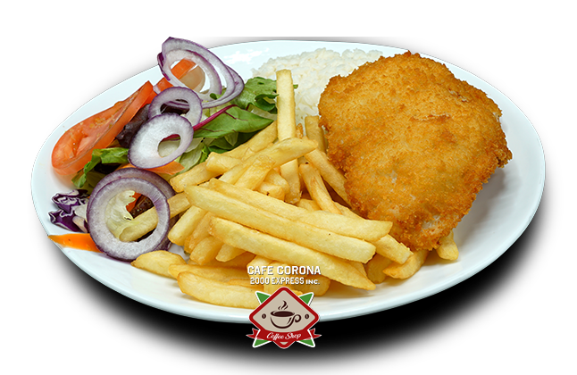 Fried Fish cutlet: Rice, French fries and salad