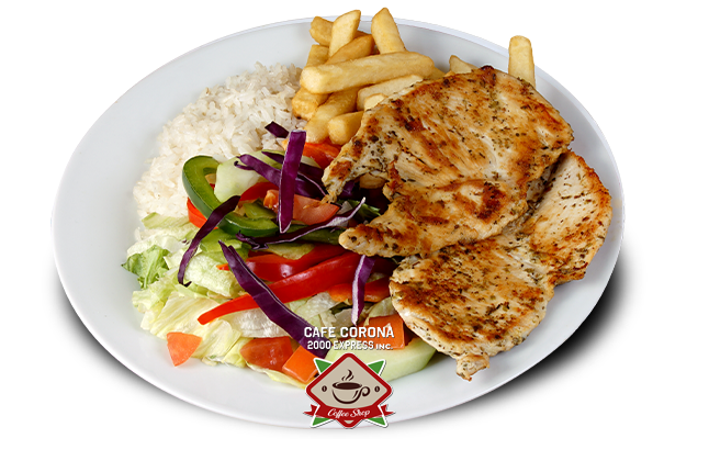 Grilled Chicken cutlet: Rice, French fries and salad